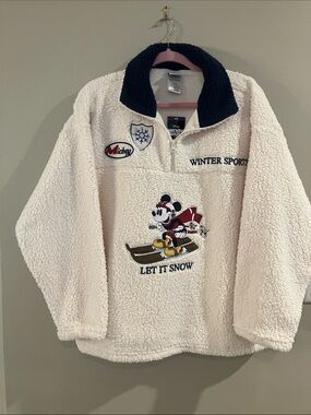 NWT Disney Cream Sherpa Pullover with Navy Collar and Mickey Patch